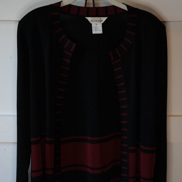 Misook, Striped Open Front Jacket Cardigan, Black, Maroon - Picture 2 of 4